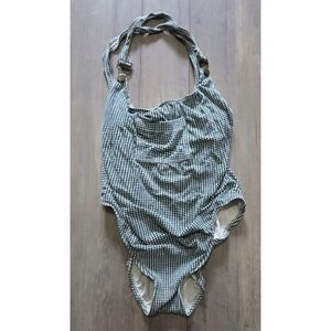 Beach Stop Green Retro Gingham Bathing Suit With Button Accent & Pocket Youth M